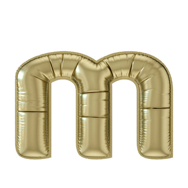litera m balon złota folia mała litera na białym tle - letter m alphabet three dimensional shape metal zdjęcia i obrazy z banku zdjęć