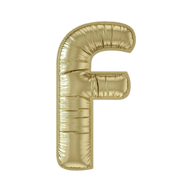 Letter f balloon gold colored foil lower case on white background, 3d render.