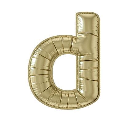 Letter d balloon gold colored foil lower case on white background, 3d render.