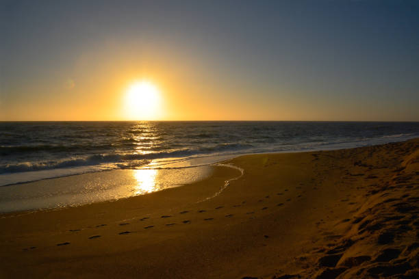 istock Footprints on a sea beach parallel to the shore. Waves splash on the shore. The sun reflects in the water 1491461948