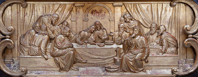 Rome -  The carved polychrome relief of Last Supper on the altar of church Chiesa di Santa Maria dei Mirracoli by unknown baroque artist.