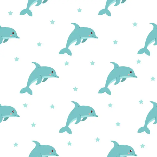 Vector illustration of Seamless children's pattern with cute dolphin. Marine-themed pattern with underwater animals. Texture for fabric, packaging, textiles, clothing. Vector illustration.