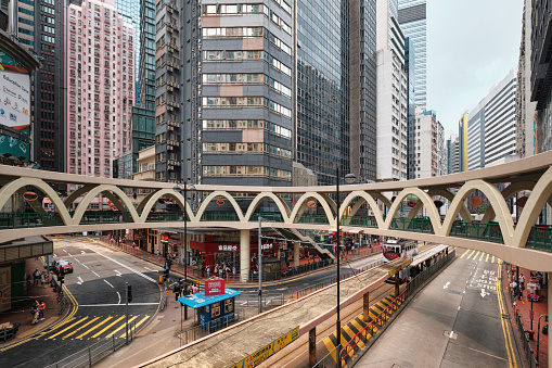 April 2023: Circular pedestrian bridge or Yee Wo Street round shape structure footbridge in Causeway bay