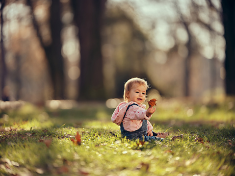 Cute baby girl enjoying while spending an autumn day in nature. Photographed in medium format. Copy space.