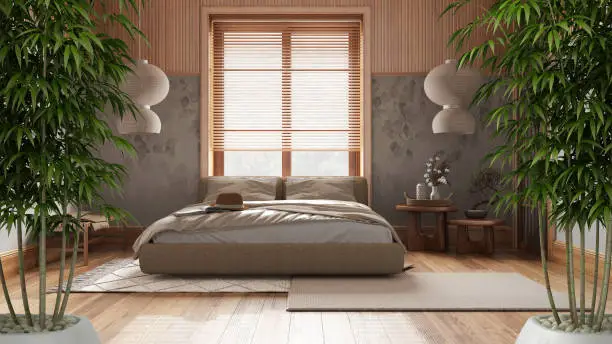 Photo of Zen interior with potted bamboo plant, natural interior design concept, japandi bedroom with master bed and wallpaper, parquet, minimal architecture concept idea