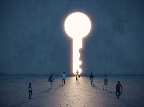 Glowing light from the key shaped hole on the wall and people going there, symbolizing big ideas, innovation, solution concepts. (3d render)