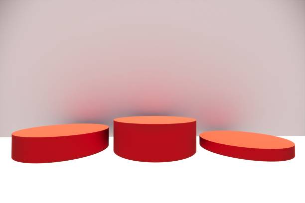 istock Rendering red white 3D room product display mockup presentation stage showcase 1491468244