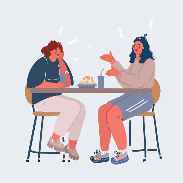 Vector illustration of Vector illustration of Two smiling students talking in cafe. Two friends woman together