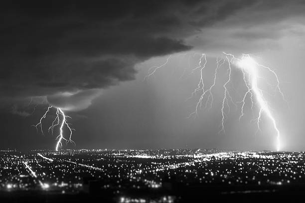 Night Lightning Storm Over City stock photo