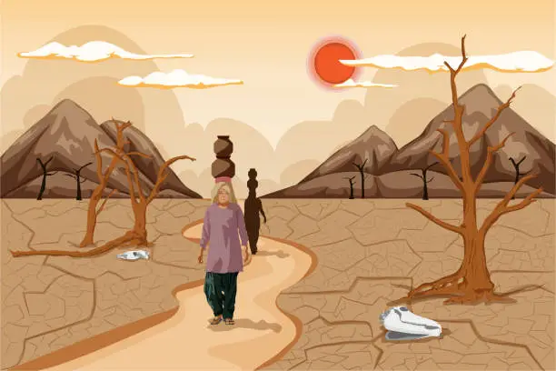 Vector illustration of Drought, Prolonged dry period causing water scarcity, impacting ecosystems and agriculture