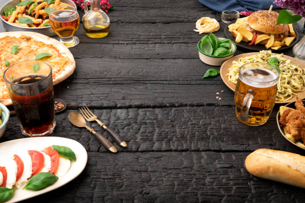 Table top view of Italian food with free space for text