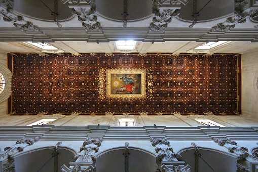 Ceiling of Basilica di Santa Croce in Lecce, Italy. The baroque landmark dates back to year 1695.