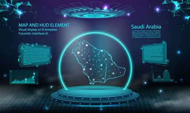 Vector illustration of saudi Arabia map light connecting effect background. abstract digital technology UI, GUI, futuristic HUD Virtual Interface with saudi Arabia map. Stage futuristic podium in fog.
