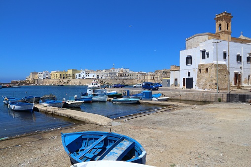 Gallipoli, town in Apulia, Italy. Boats in harbor.