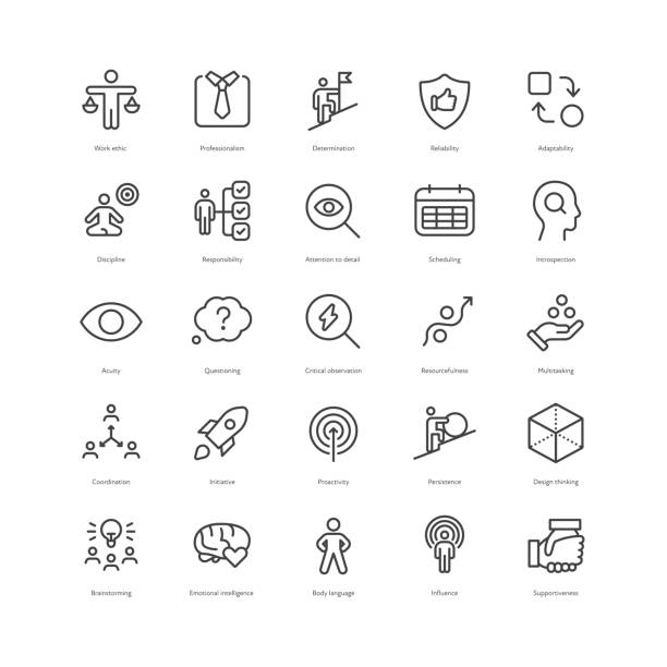 ilustrações, clipart, desenhos animados e ícones de estilo de esboço ui icons soft skill para coleção de negócios. conjunto de ilustrações de ícones lineares pretos vetoriais. treinamento corporativo de habilidades úteis de trabalho símbolo isolado no fundo branco. elementos de design - improvise