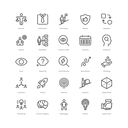 Outline style ui icons soft skill for business collection. Vector black linear icon illustration set. Corporate training of useful work abilities symbol isolated on white background. Design elements