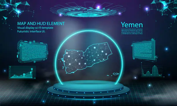 Vector illustration of yemen map light connecting effect background. abstract digital technology UI, GUI, futuristic HUD Virtual Interface with yemen map. Stage futuristic podium in fog.