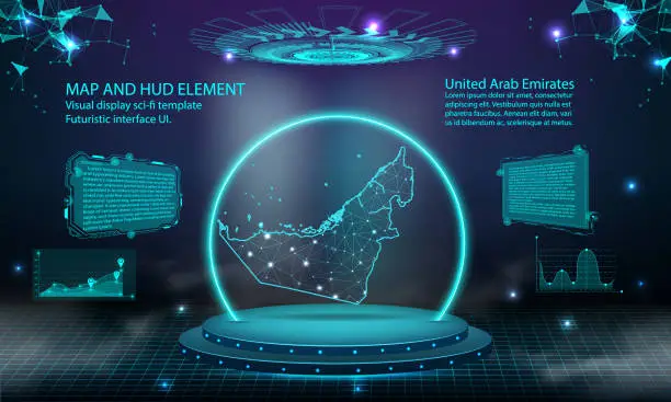 Vector illustration of united Ara bEmirates map light connecting effect background. abstract digital technology UI, GUI, futuristic HUD Virtual Interface with UAE map. Stage futuristic podium in fog.