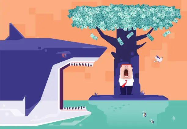 Vector illustration of businessman screaming and standing beside money tree on island while big shark searching