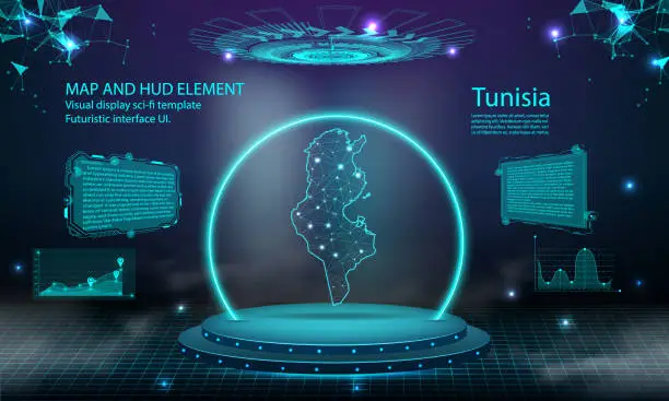 Vector illustration of tunisia map light connecting effect background. abstract digital technology UI, GUI, futuristic HUD Virtual Interface with tunisia map. Stage futuristic podium in fog.