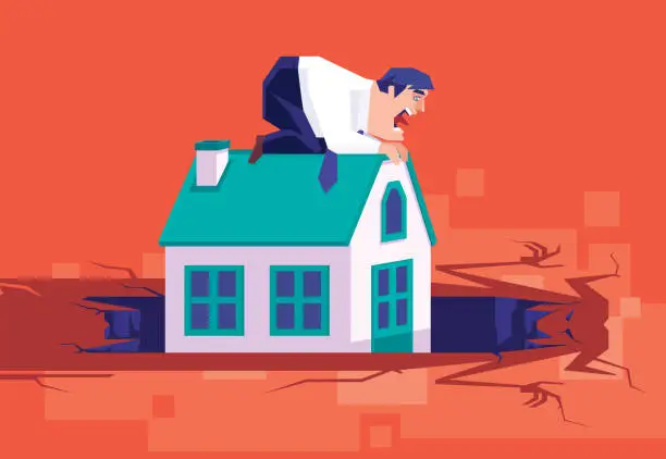 Vector illustration of businessman holding house and trapped in devil mouth on ground