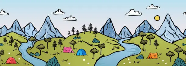 Vector illustration of Cute hand drawn landscape with mountains, tents, trees, hills. Simple illustrated landscape, adventure - great for banners, wallpapers, cards.
