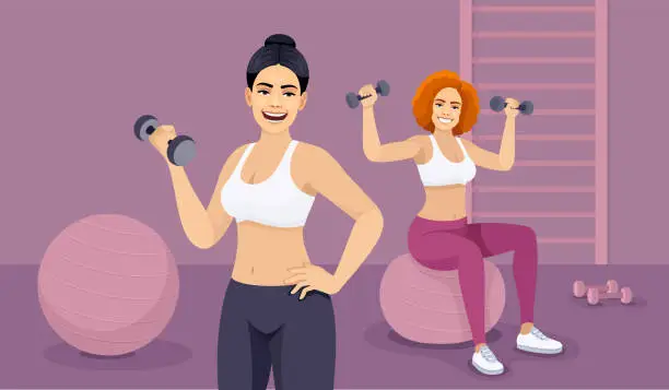 Vector illustration of Two beautiful fitness women in gym.