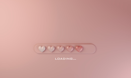 Digital loading progress bar with heart symbols, flat lay. (3d render)