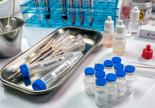 Hematological analysis with forensic test kit in a murder in a crime lab, conceptual image stock photo