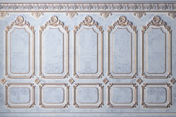 Classic wall of old gold stucco panels blue paint