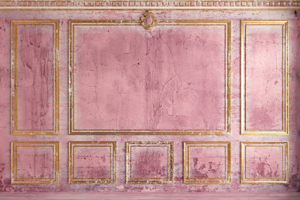 mur classique de vieux panneaux de stuc doré peinture rose - bas relief photos et images de collection