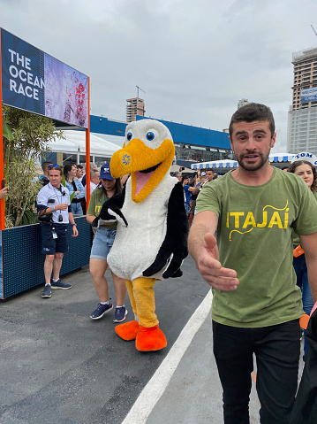 Itajaí, Santa Catarina - Brazil - April 21, 2023: View of the volunteers at the Race Village conducting the albatross mascot to the opening for the In-Port Race during the 14th edition returning to Itajaí for the fourth consecutive time hosting the fleet making the 2022-2023 stopover at the end of the mammoth third leg from Cape Town