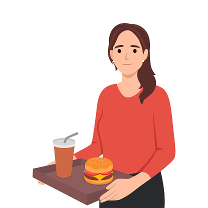 nhealthy eating and fat diet concept. Young smiling woman cartoon character standing holding tray with burger and lemonade drink unhealthy eating. Flat vector illustration isolated on white background