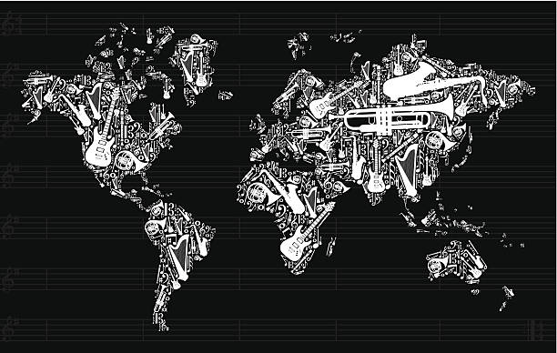 instrumenty muzyczne w mapa świata - ethnic music stock illustrations