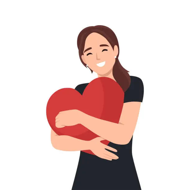Vector illustration of Young woman embraces a big red heart with mindfulness and love. Self acceptance and confidence concept.