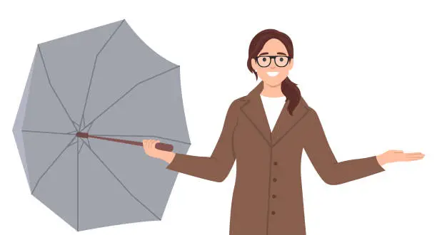 Vector illustration of A woman with an open umbrella in her hands. A woman holds an open umbrella near her, rejoicing, spreads her arms to the sides. Rainy day