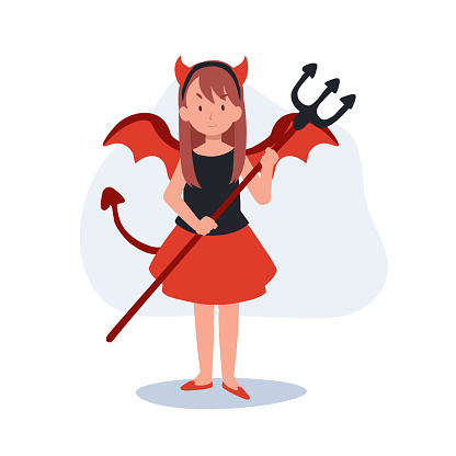 little cute girl in colorful halloween costumes as red devil. Happy Halloween trick or treat. Flat Vector cartoon illustration
