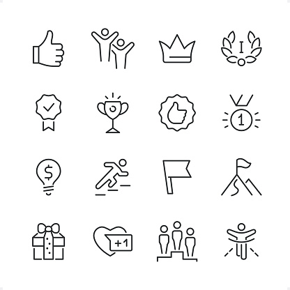 Award Winning icons set #60

Specification: 16 icons, 64×64 pх, editable stroke weight! Current stroke 2 pt. 

Features: pixel perfect, unicolor, editable stroke weight, thin line. 

First row of  icons contains:
Thumbs Up, Arms Raised, Crown - Headwear, Laurel Wreath;

Second row contains: 
Award, Trophy - Award, Badge with Thumbs Up, Medal;

Third row contains: 
Ideas, Up the Stairs, Flag, On Top Of; 

Fourth row contains: 
Gift Box, Favorite, Winners Podium, Finishing.

Complete Cubico collection — https://www.istockphoto.com/uk/collaboration/boards/_R8CZuIXmUiUCIbekezhFA