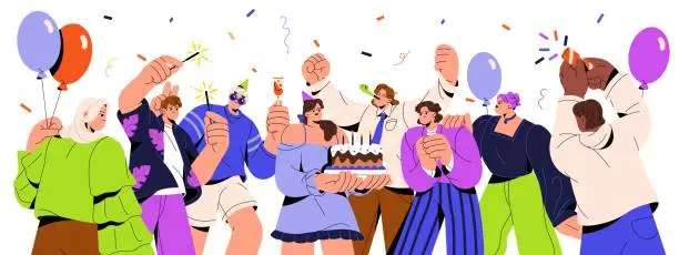 Vector illustration of Birthday party. Happy people group celebrating festive event, holiday with cake, confetti, balloons. Young friends, youth at celebration. Flat vector illustration isolated on white background