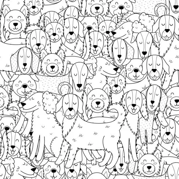 Vector illustration of Cute dogs black and white seamless pattern