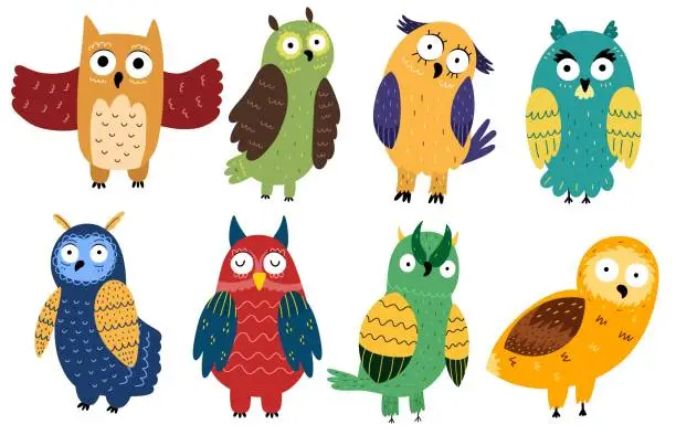 Vector illustration of Cute owls set in cartoon style. Funny doodle owlets collection