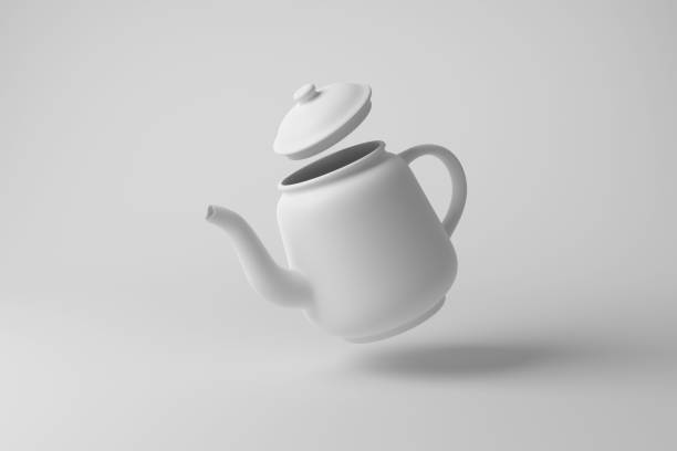 istock White teapot floating in mid air with shadow on white background in monochrome. 3D illustration of the concept of minimalism, tea, coffee and breakfast 1491490697
