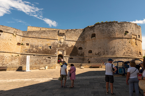 Otranto old town Puglia South of Italy on July 8, 2022:  view of the entrance to the castle Castello Aragonese.
