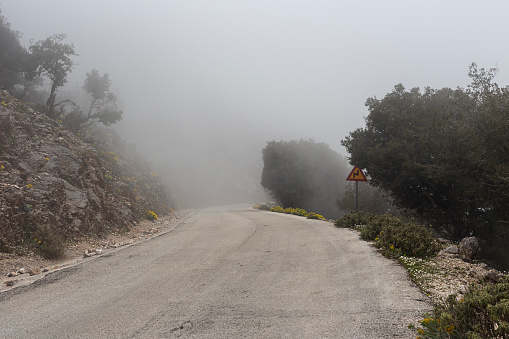 View of a rural, deserted road in the mountains in spring (Kefalonia island, Greece) on a cloudy, foggy day