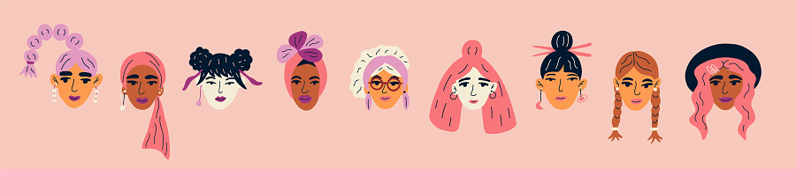 Avatars of young women of different nationalities. Sisterhood concept is for Asians, African Americans, Latin Americans, Europeans and others. Cartoon vector illustration.