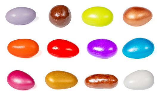 Dragee varieties. Assortment of chocolate coated dragees set isolated on white background