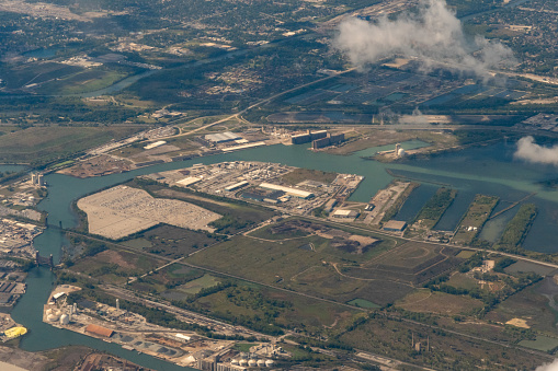 South Deering, Illinois, outside of Chicago:  Aerial view of Cargill Inc, Calumet Energy, parking lots  and  in an industrial park near the Indian Ridge March adjacent to the Calumet River