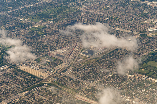 Aerial view of the Ashburn suburb of Chicago near Marquette park featuring the Norfolk Southern Landers Railyard, Assemblers Food Packaging Warehouse and the CSX Forest Hill Railyard