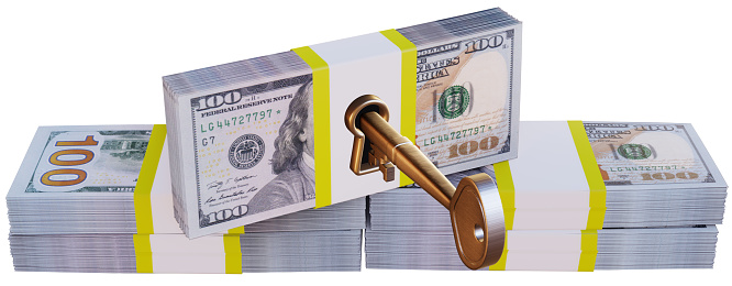 Keyhole and key on $100 money stacks. 3D Illustration, isolated on white background with clipping path. Making money, difficulty, taxes, loans, bank loan and economy concept.