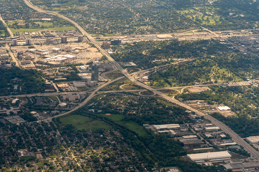 Rosemont, Illinois - Aerial photography of office buildings, residential suburbs, and Interstates I-90, I-190 and I-294 in Rosemont Illinois near O'Hare airport in Chicago ORD